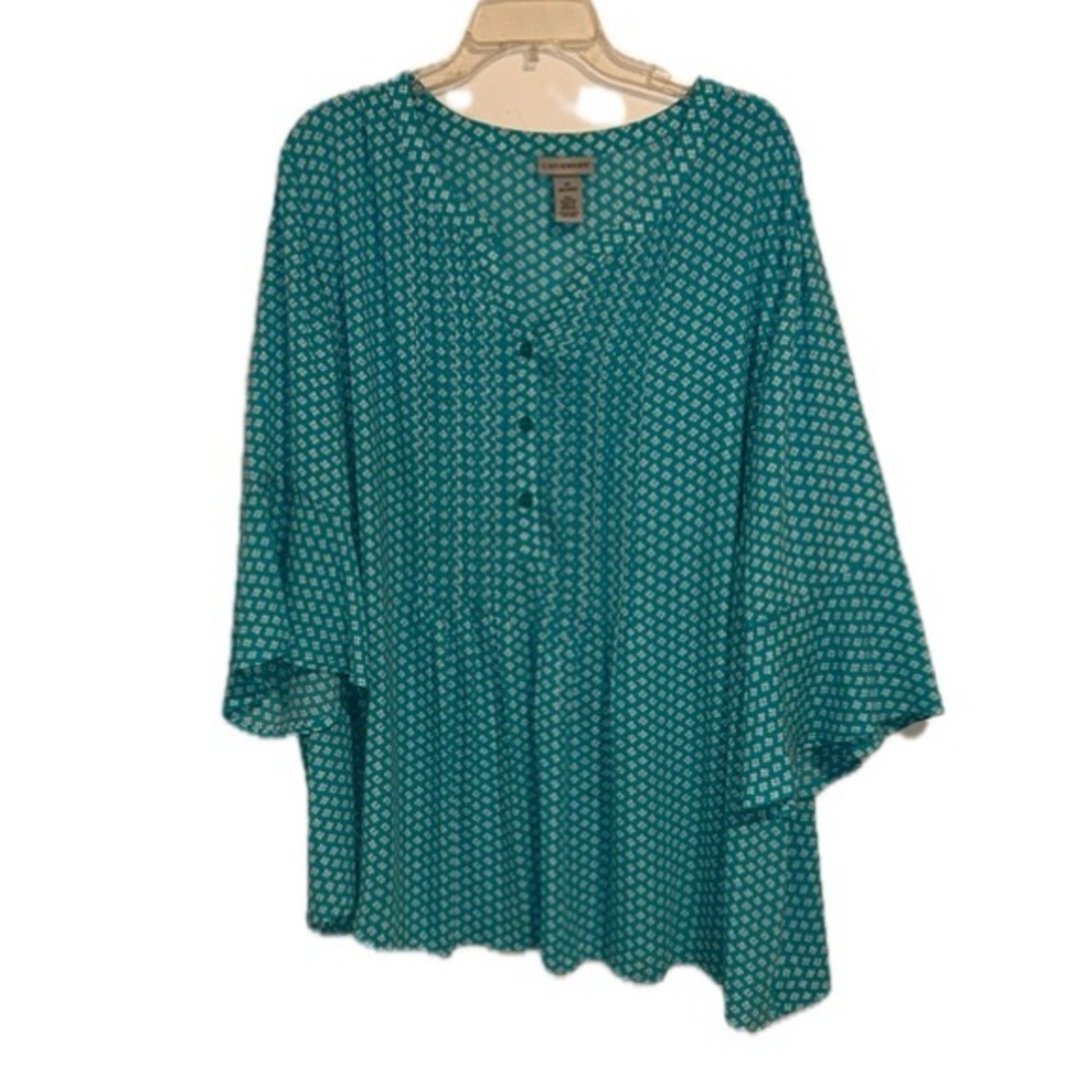 Catherines 3x 26/28W Turquoise and White Print Polyester Bell Sleeve Blouse